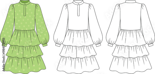 Flat vector high neck puff sleeve tiered floral pattern dress illustration