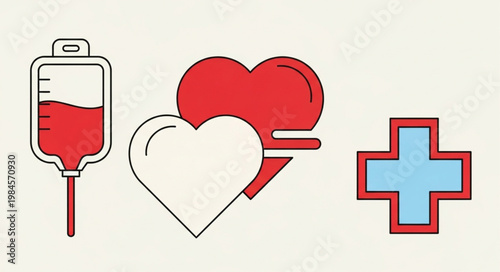 Medical symbols including a blood bag, heart, and cross.