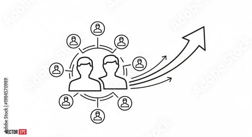 Teamwork and growth concept with connected people and upward arrow.