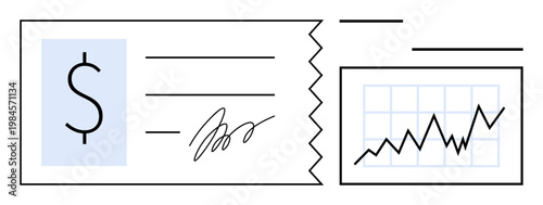 Banking, investment, financial analysis, money management, income tracking, and economic growth. Stylized dollar sign, handwritten signature and growth chart. Banking and investment theme