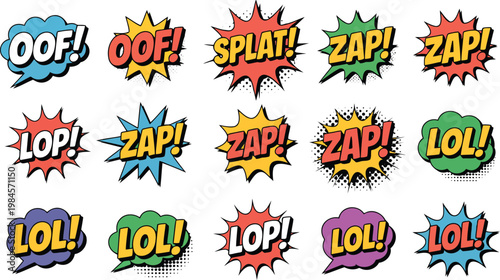 Eighteen vibrant comic book style speech bubbles with explosive sound effects and text like OOF and ZAP