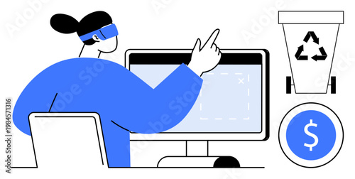 Sustainability, recycling, technology, waste management, digital solutions, environmental awareness. Person interacting with a screen near recycling and money symbols. Recycling and technology