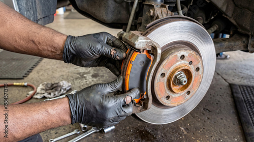 Mechanic hands wearing black gloves installing new orange brake pads onto a car disc rotor assembly.