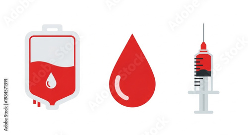 Blood donation medical symbols including bag drop and syringe.