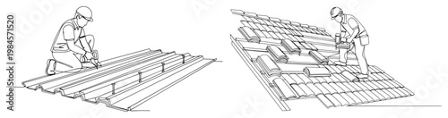 Roofing construction workers installing tiles and metal sheets continuous one line drawing building site