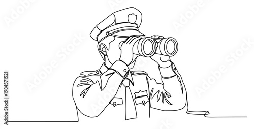 Police officer looking through binoculars continuous one line drawing minimalist surveillance concept