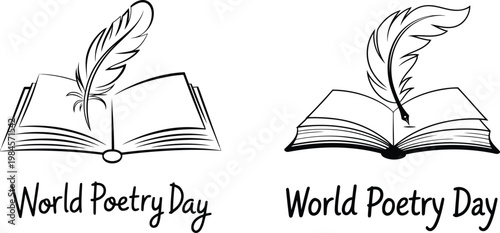Minimalist line art illustration of open books and quill pens for World Poetry Day celebration and literary events.
