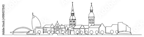 Riga city skyline panorama continuous one line drawing minimalist Latvia capital landmark