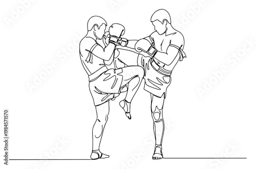 Muay Thai kickboxing fighters in action continuous one line drawing minimalist martial arts combat