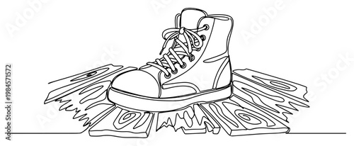 High top sneaker on wooden planks continuous line art minimalist fashion footwear and streetwear