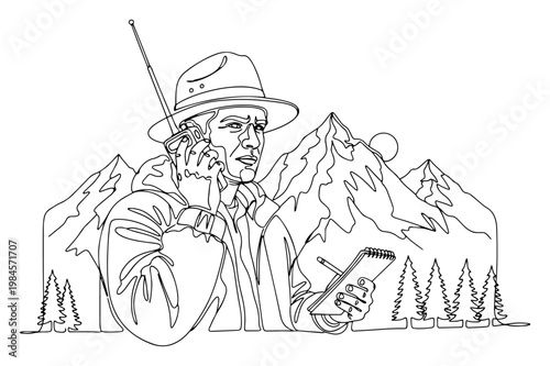 Explorer or forest ranger using radio in mountains continuous one line drawing minimalist adventure