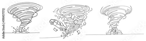 Tornado twister storm destruction sequence with car and house continuous one line drawing weather disaster