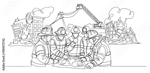 Firefighters team planning rescue mission near burning city continuous one line drawing emergency concept