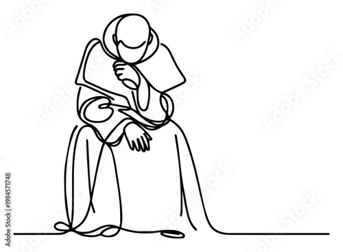 Monk in robes praying or meditating continuous one line drawing minimalist spirituality and peace