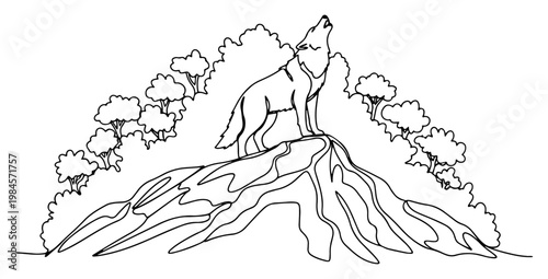Wolf howling on mountain peak with forest continuous one line drawing minimalist wildlife art