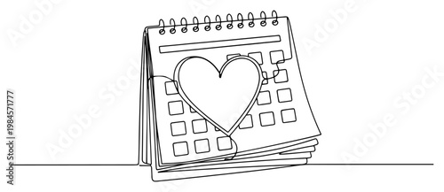 Desk calendar with heart continuous one line drawing minimalist romantic date and Valentine reminder