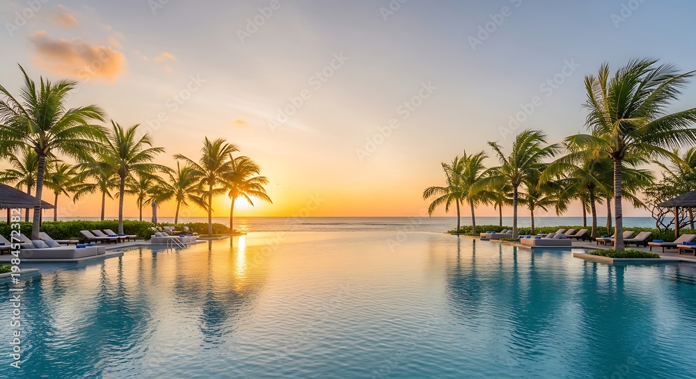 Fototapeta premium Stunning tropical resort with an infinity pool reflecting a vibrant sunset over the ocean, framed by lush palm trees.