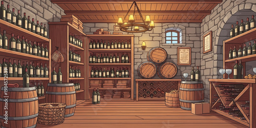 Rustic Wine Cellar Interior with Wooden Barrels Bottle Shelves Stone Walls and Vintage Winery Storage Illustration