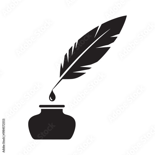 A simple black silhouette depicts a feather quill and inkwell