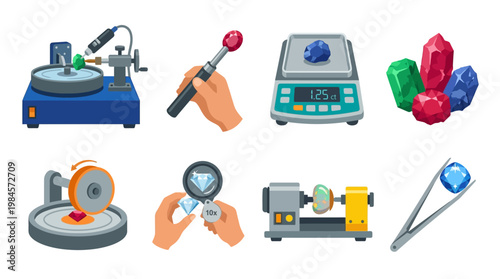 Gemstone cutting and polishing process with various tools and equipment