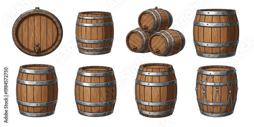 Wooden Barrel Collection Set with Rustic Casks Vintage Storage Containers Brewery Winery and Oak Drum Illustrations