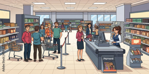Busy Supermarket Checkout Scene with Shoppers Cashier Shopping Carts Retail Store Aisles and Grocery Payment Counter Illustration