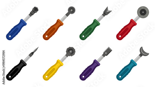 Colorful set of eight utility knives with different handle colors and blade types for various tasks and applications easily