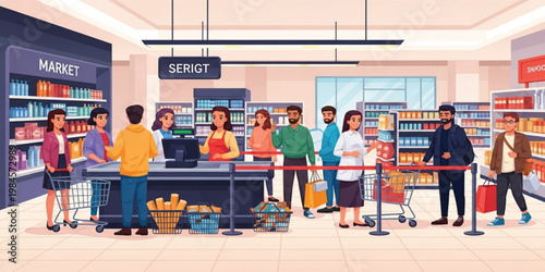 Busy Retail Store Checkout Counter with Customers Cashier Shopping Carts Queue and Modern Supermarket Interior Illustration