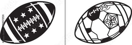 American football ball silhouettes with stars and soccer pattern vector illustration for sports team branding and fan gear design