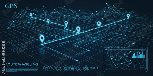 Futuristic GPS Navigation Map Interface with Route Tracking Location Pins Digital Wayfinding Technology Dashboard and Smart Transportation Network Design