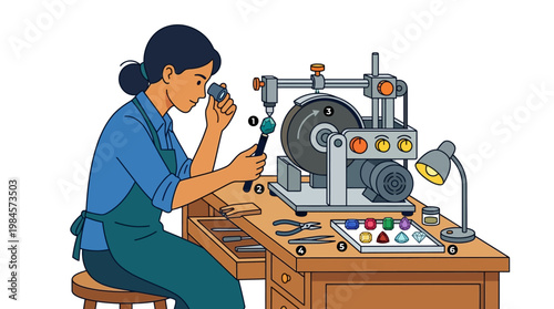 Woman working on a gemstone with a jeweler's machine and tools