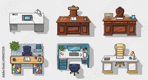 Collection of diverse office desks and workstations from a top view.
