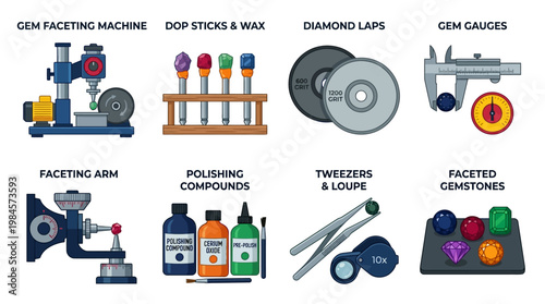 Gemstone faceting equipment and tools for polishing and cutting gems