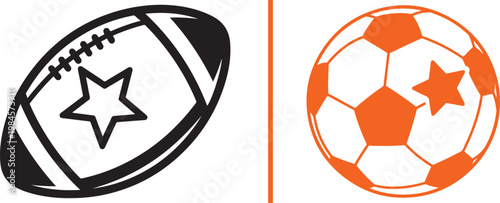American football and soccer ball vector icons with star detail for sports branding and athletic competition