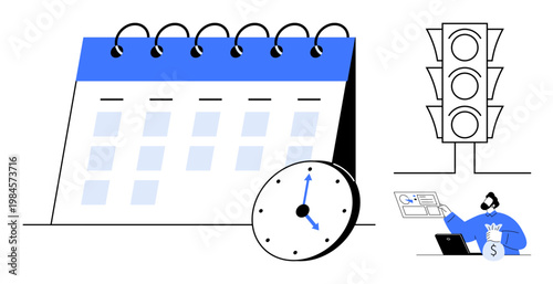 Time management, productivity planning, deadline prioritization, workflow efficiency, decision-making, business analysis. A calendar, clock traffic light and person at a desk. Time management