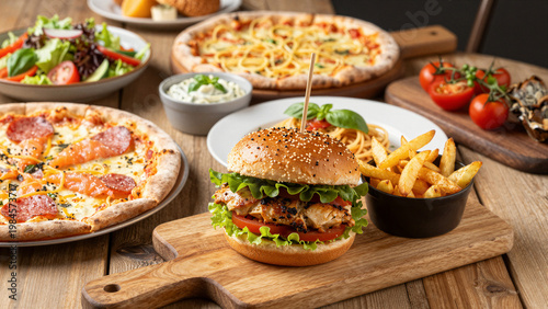 A delicious array of Italian-inspired dishes including a chicken burger, pizza, pasta, salad, and fries on wooden table.
