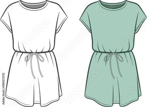 Short sleeve romper playsuit with drawstring waist fashion illustration flat vector