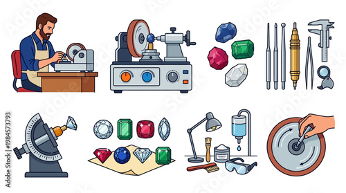 Cartoon jeweler working with gemstones and tools in a workshop setting with machines