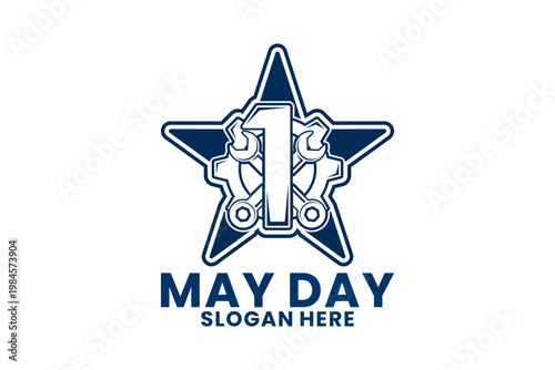 May Day International Workers Day Logo with Gear and Star. Elegant May Day Logo Vector Template