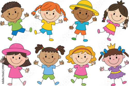 Group of eight happy cartoon children from diverse backgrounds cheerfully waving