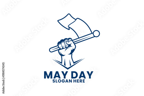 May Day Labor Logo with Raised Fist and Flag Icon. May Day Logo Design Vector Template
