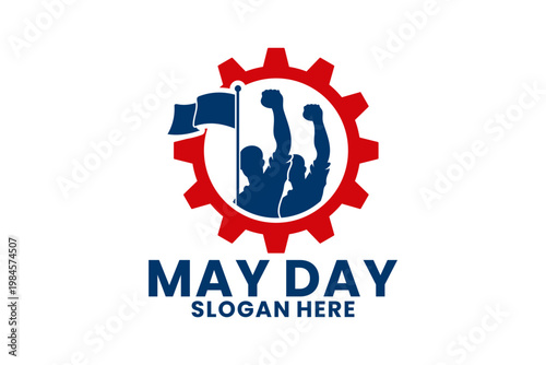 May Day Labor Day Celebration Graphic with Gear and Fists. Elegant Workers Logo Design Vector Template