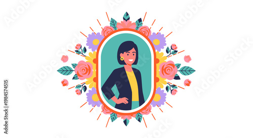 A colorful illustration of a woman surrounded by flowers and leaves in a decorative frame.