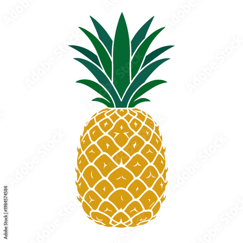 Flat pineapple illustration with green leaves and yellow textured fruit in clean minimal style suitable for tropical design and food graphics.