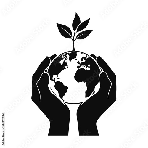 Hands holding globe with growing plant sprout symbolizing sustainability environmental protection global care and eco friendly future concept