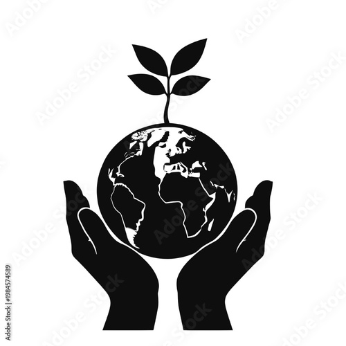 Hands holding earth globe with growing plant sprout representing sustainability environmental protection global care and eco friendly future