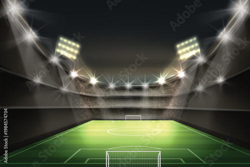 Football stadium background with bright floodlights and green pitch perspective at night