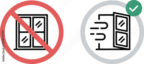 Illustrated icons depict a forbidden closed window and a recommended open window with air movement lines