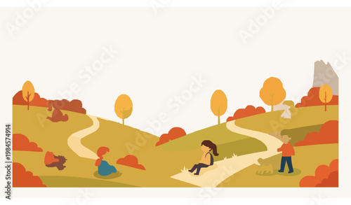 Kids enjoying autumn mountain valley nature scene cartoon vector illustration with space for text design