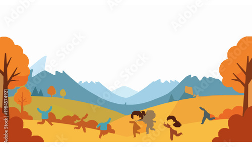 Cartoon autumn mountain landscape with kids playing outdoors vector illustration children nature background